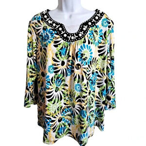 R.Q.T. Size 2X White Blue Yellow Tropical Floral Beaded Lace LS Flowy Blouse